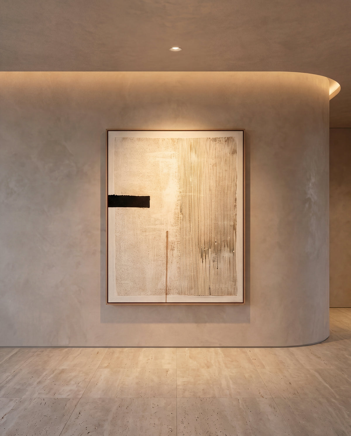 Monolithe canvas artwork in an oak frame on a plaster wall