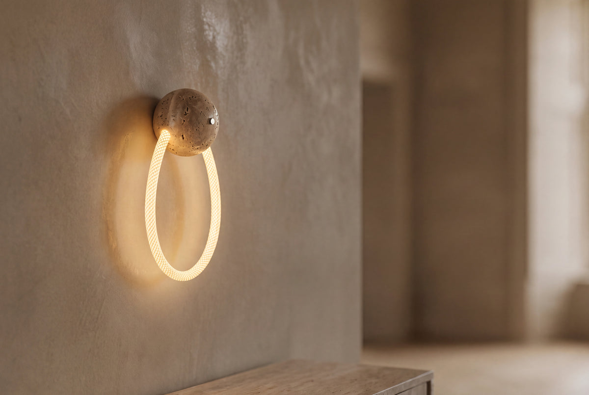 The Nastro Travertine Wall Light, lifestyle close-up