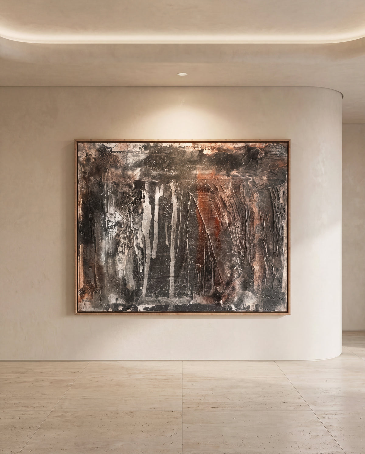 Nerico canvas artwork in an oak frame on a plaster wall