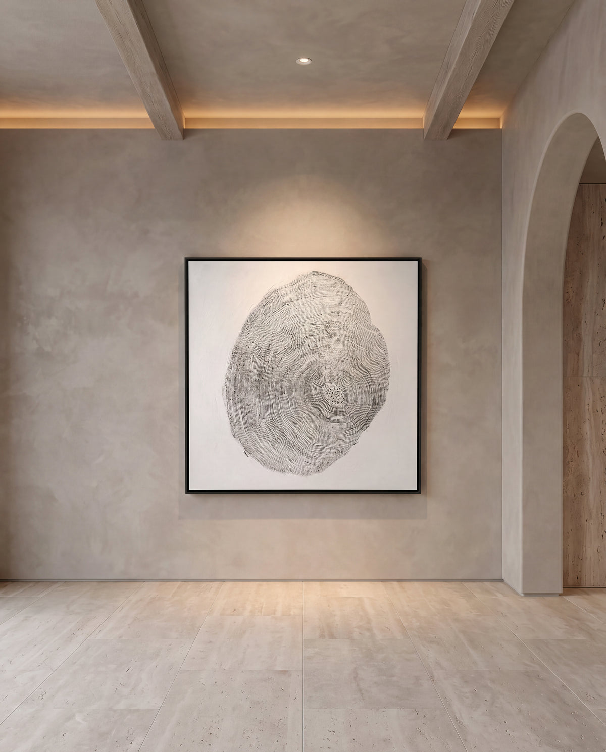 Notte canvas artwork in a black frame on a plaster wall