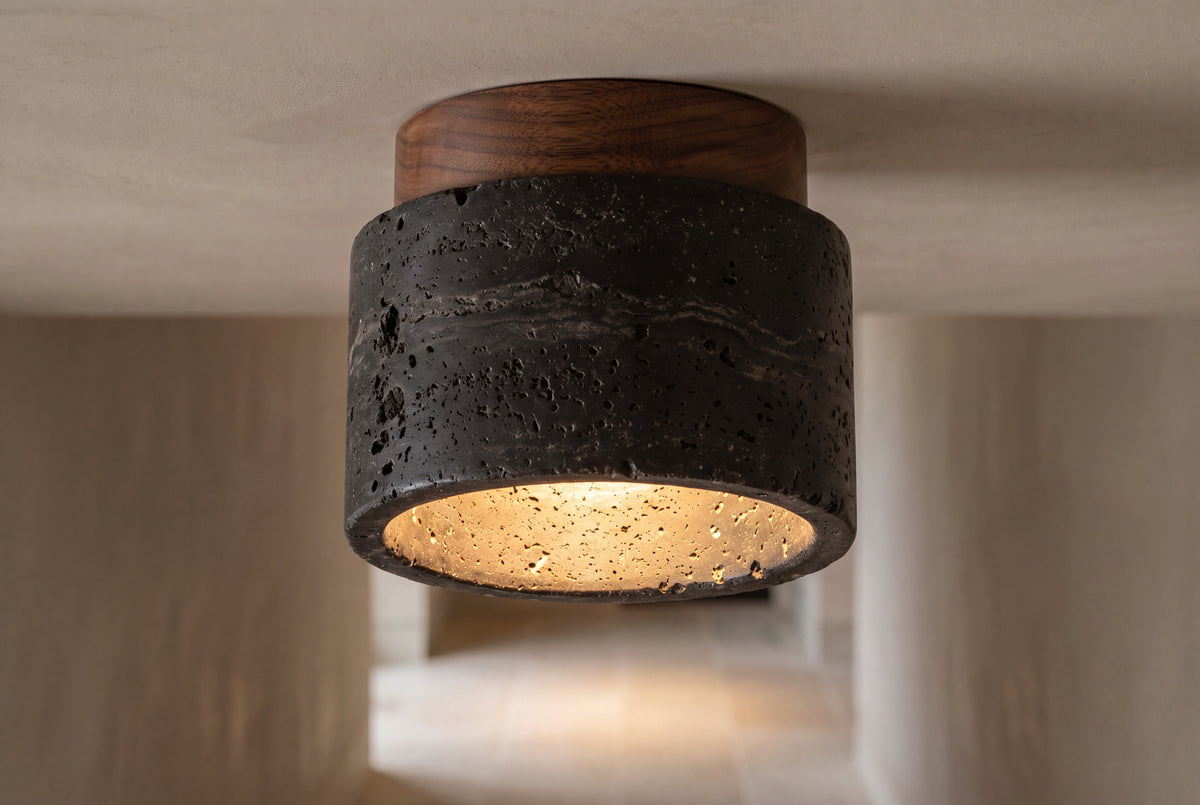 The Notte Travertine Flush Ceiling Light, lifestyle close-up