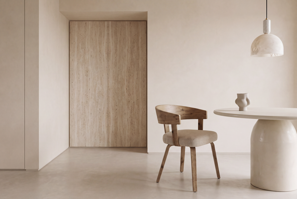 The Novara Dining Chair in beige and washed oak beside the Tellaro round dining table beneath a Cupola alabaster pendant