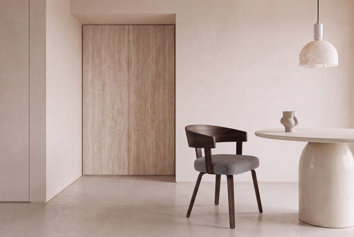 The Novara Dining Chair in grey and dark walnut beside the Tellaro round dining table beneath a Cupola alabaster pendant