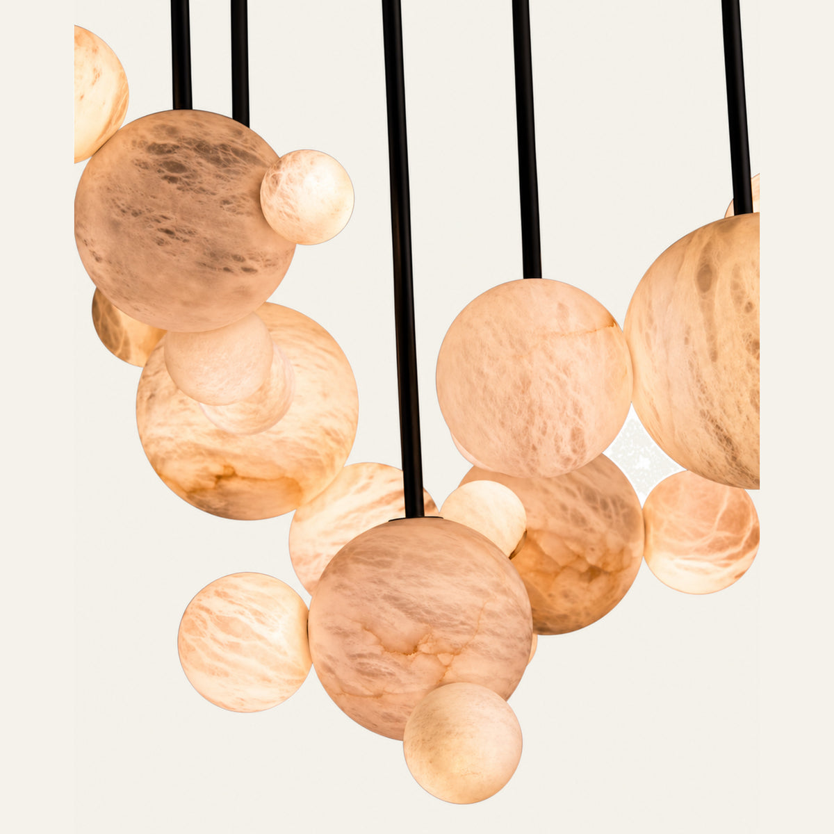 The Nuvola alabaster chandelier close-up of the alabaster spheres