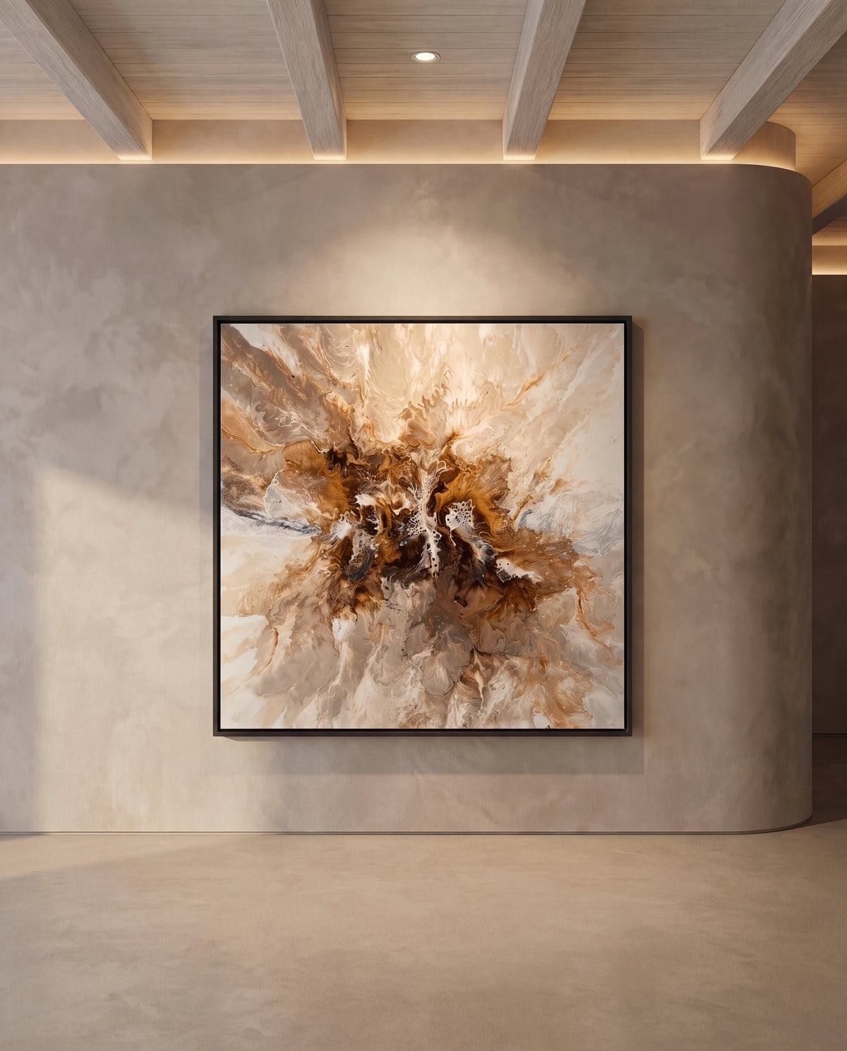 Oak Shimmer canvas artwork in a black frame on a plaster wall