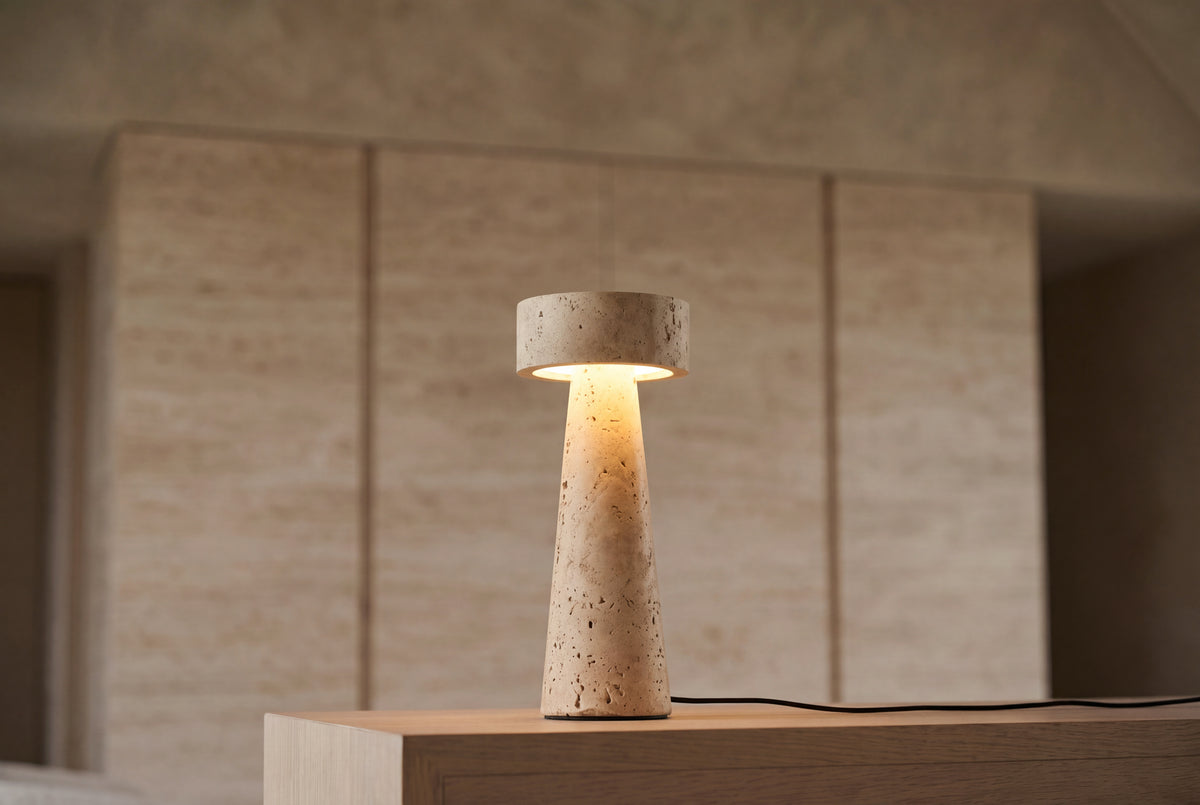 The Obelisco Travertine Table Lamp, lifestyle close-up