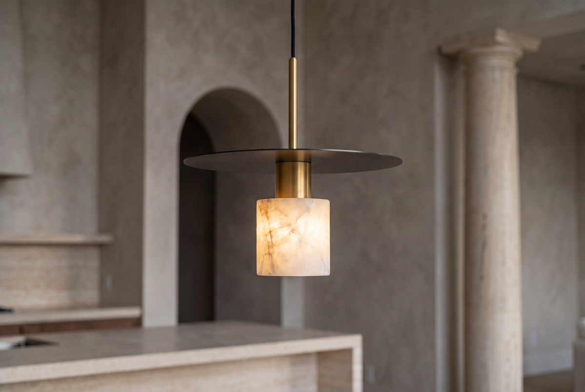 The Ombra Alabaster Pendant Light, lifestyle close-up
