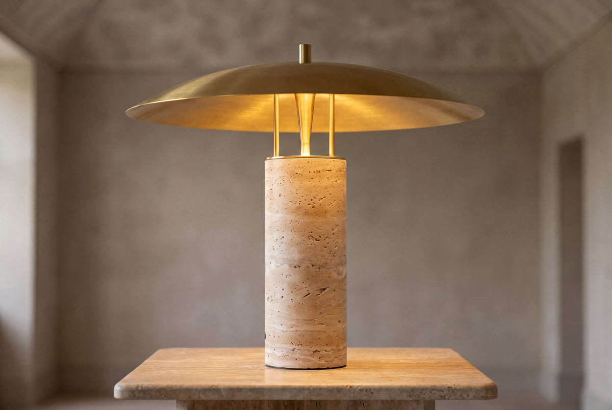 The Ombrello Travertine Table Lamp, lifestyle close-up