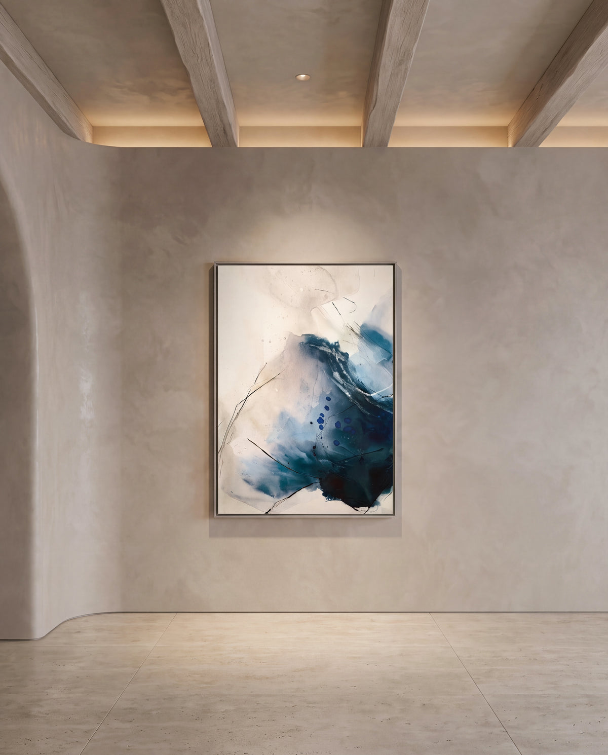Onda 1 canvas artwork in a silver frame on a plaster wall