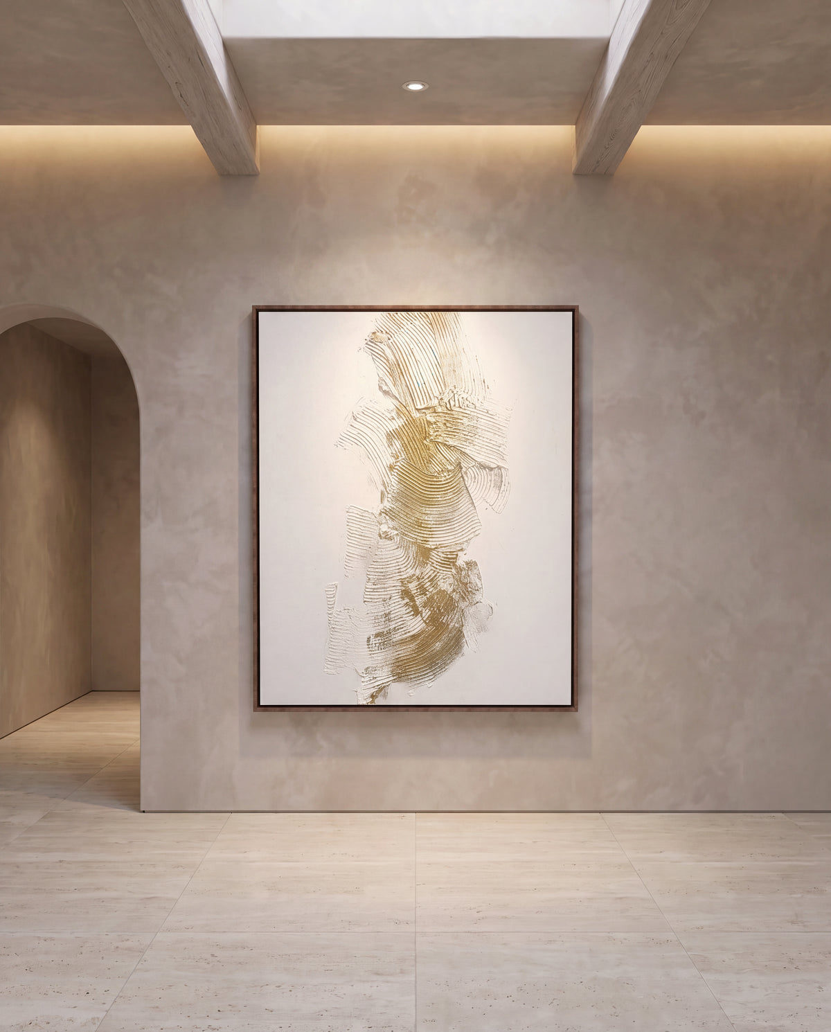 Orario canvas artwork in a walnut frame on a plaster wall