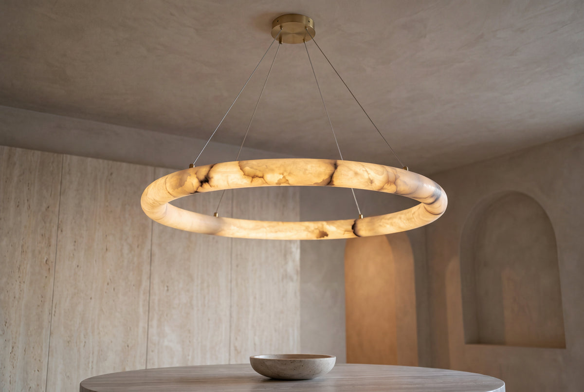 The Orbita Alabaster Chandelier, lifestyle close-up