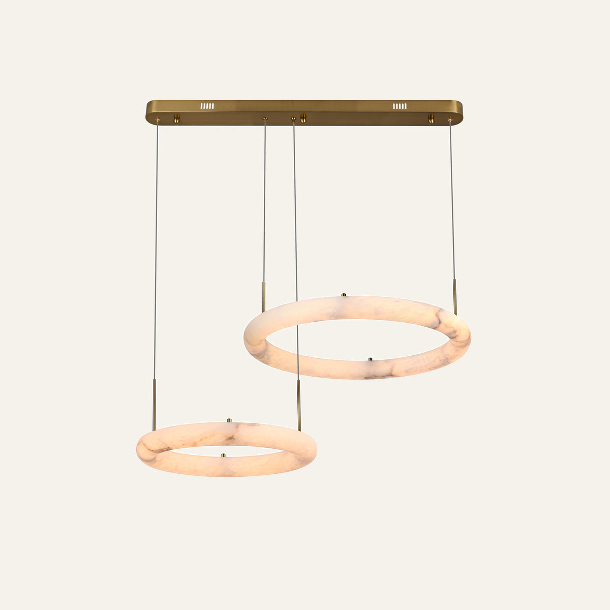 The Orbita alabaster chandelier, two rings in brass