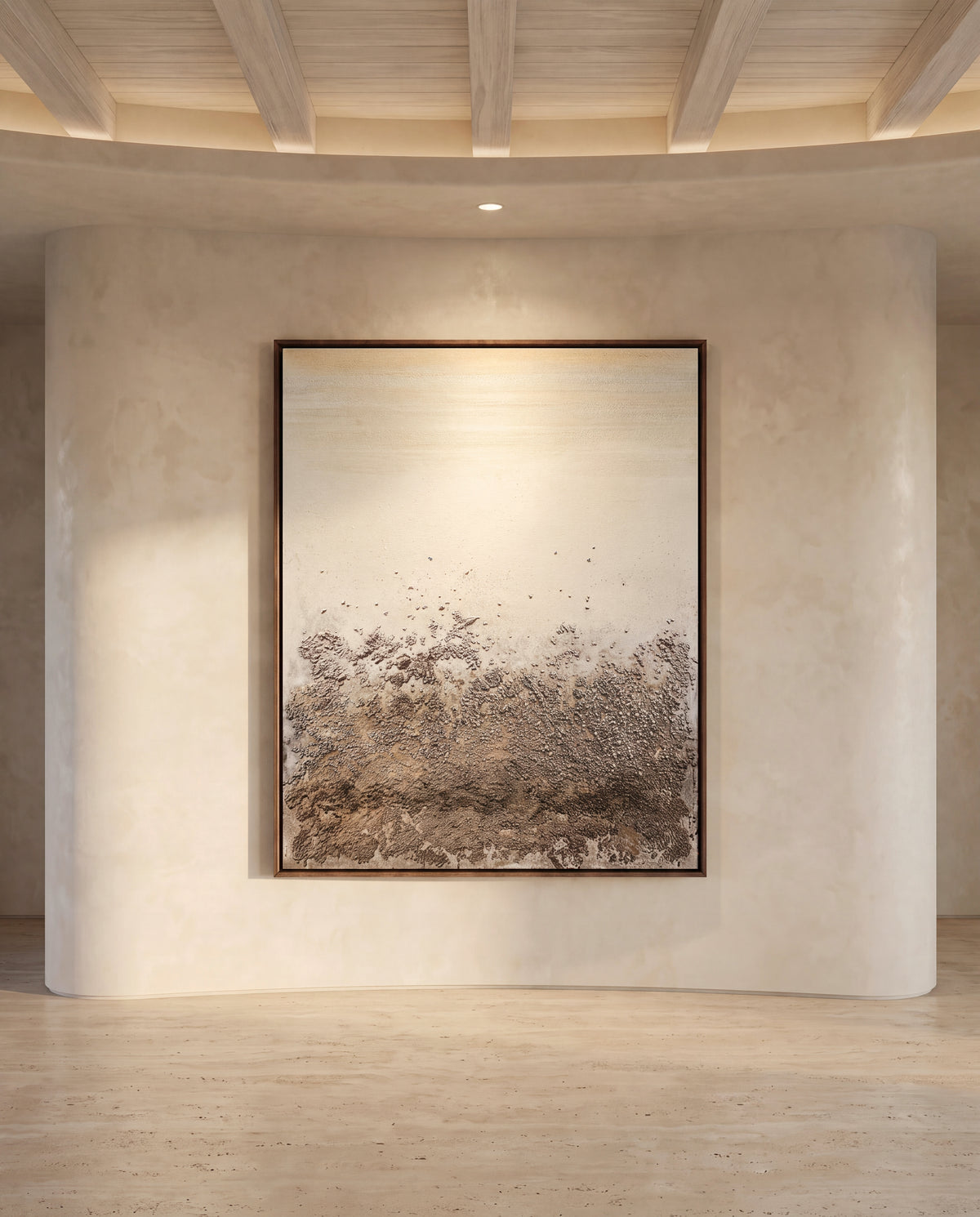 Orée canvas artwork in a walnut frame on a plaster wall