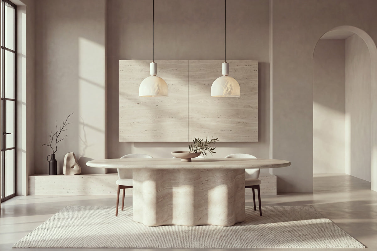 The Ortigia Travertine Finish Dining Table with Norcia chairs and Cupola alabaster pendants in a travertine-walled dining room