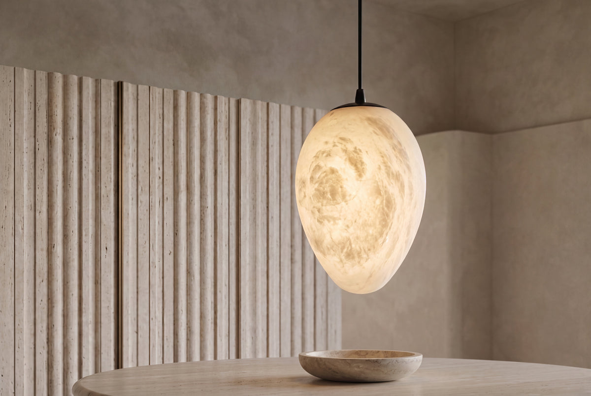 The Ovale Alabaster Pendant Light, lifestyle close-up