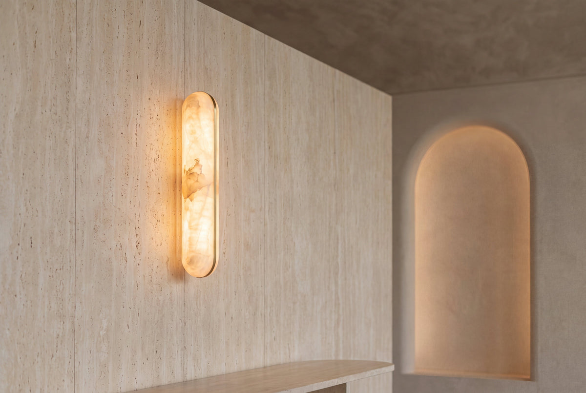 The Pastille Alabaster Wall Light, lifestyle close-up