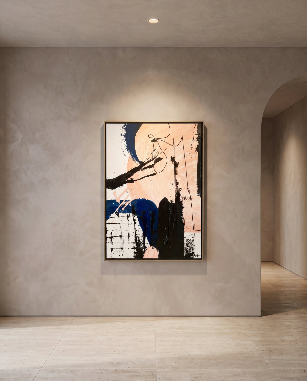 Pendula 1 canvas artwork in a gold frame on a plaster wall