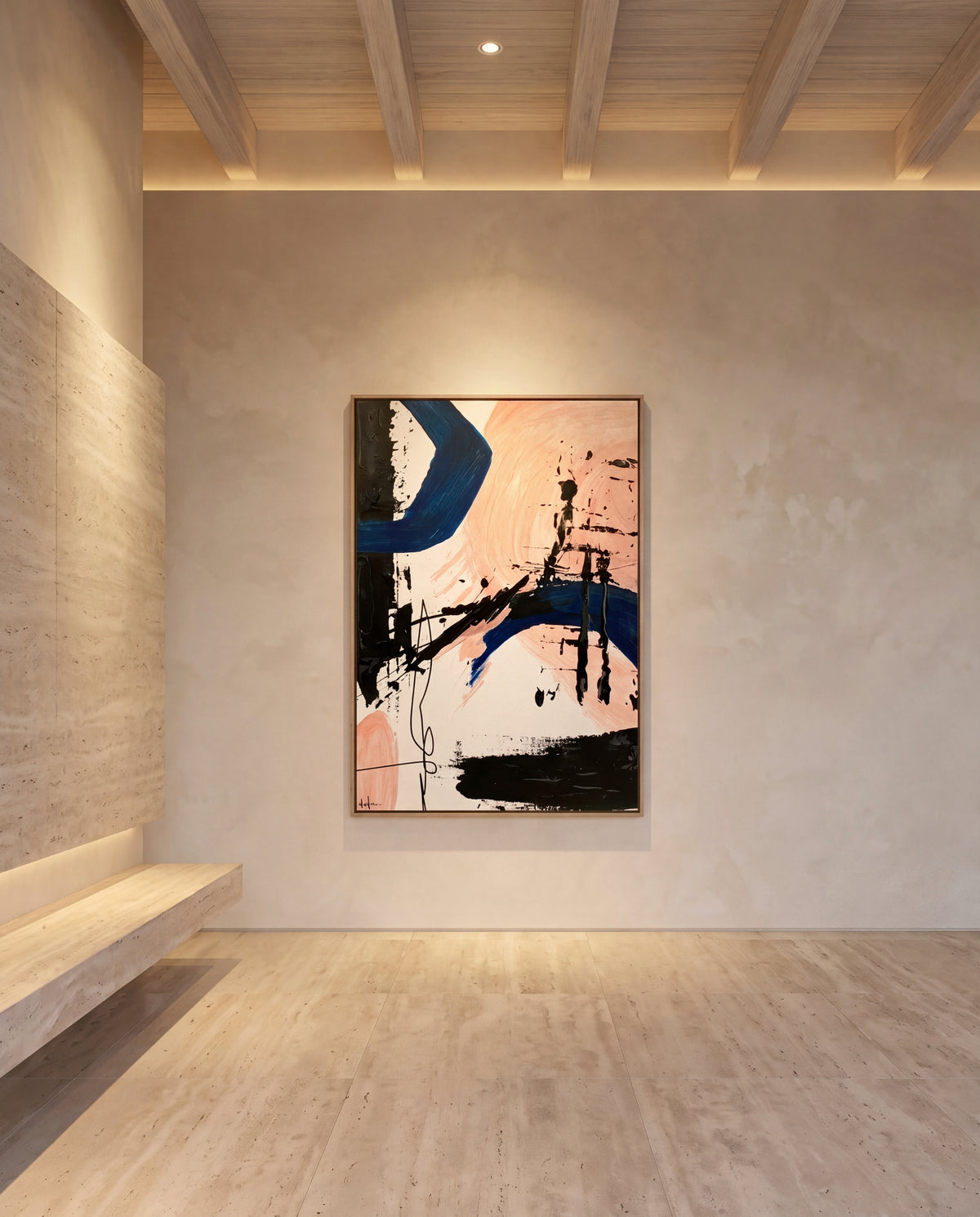 Pendula 2 canvas artwork in an oak frame on a plaster wall