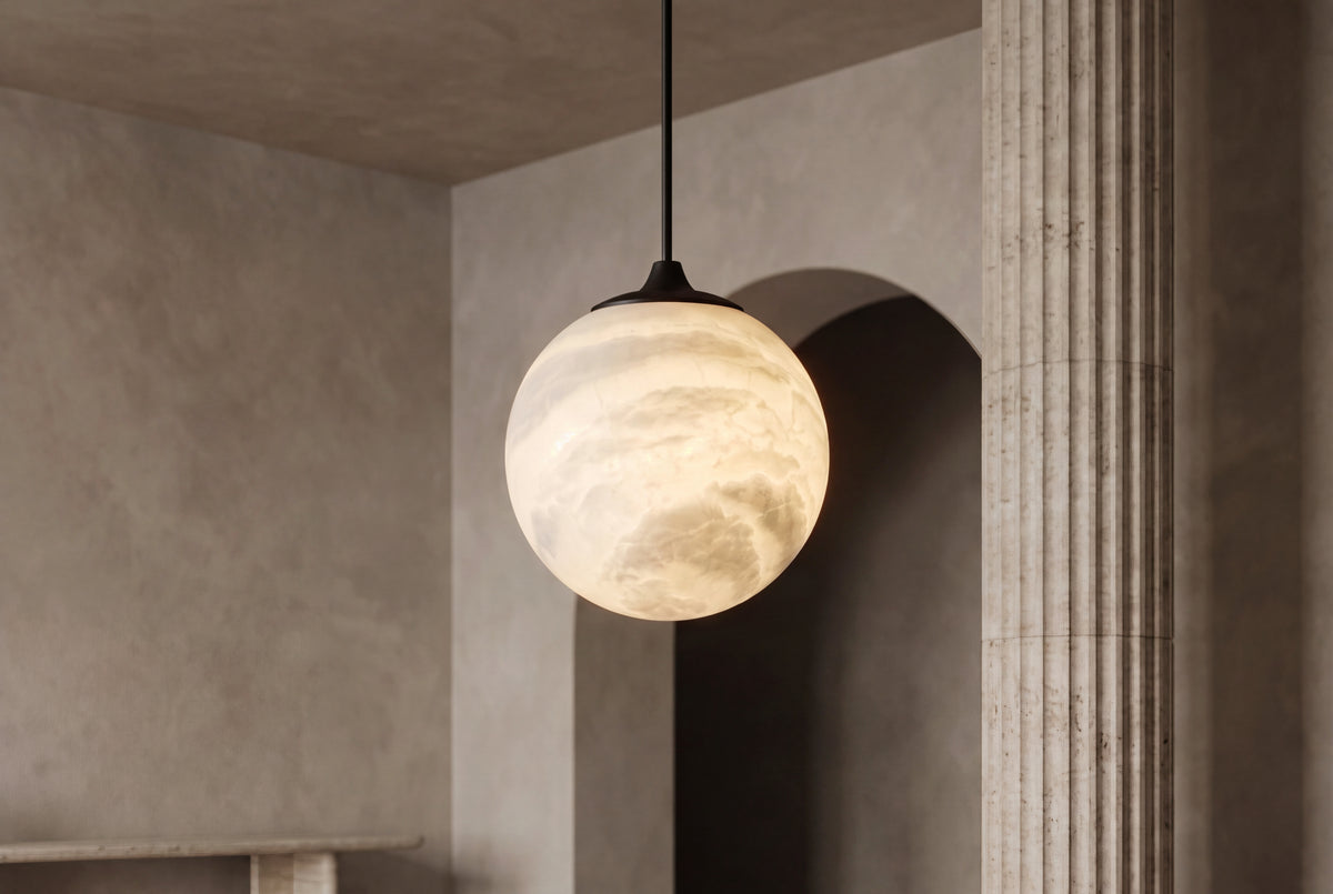 The Perla Alabaster Pendant Light, lifestyle close-up