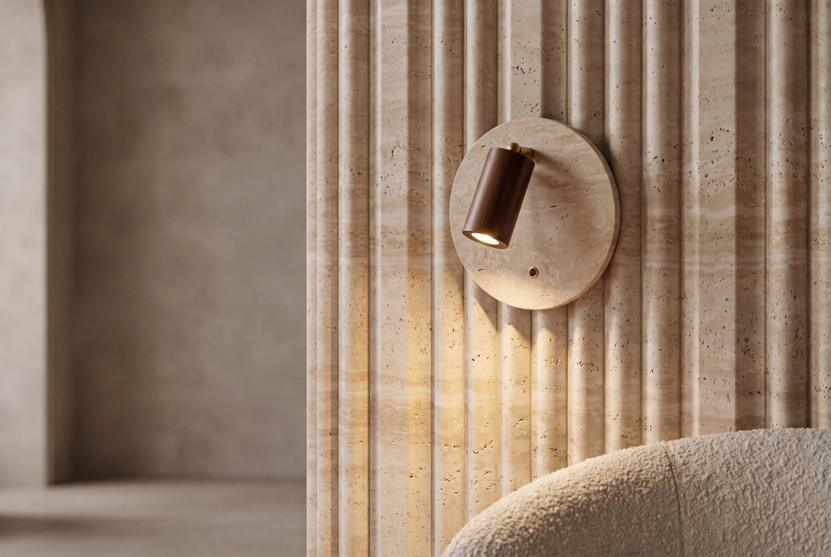 The Piatto Travertine Wall Light, lifestyle close-up