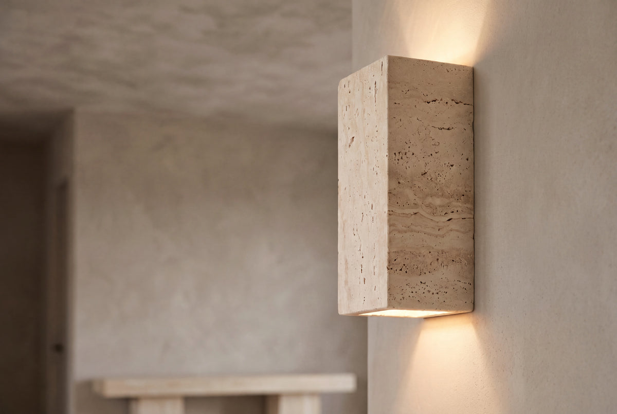 The Pilone Travertine Wall Light, lifestyle close-up