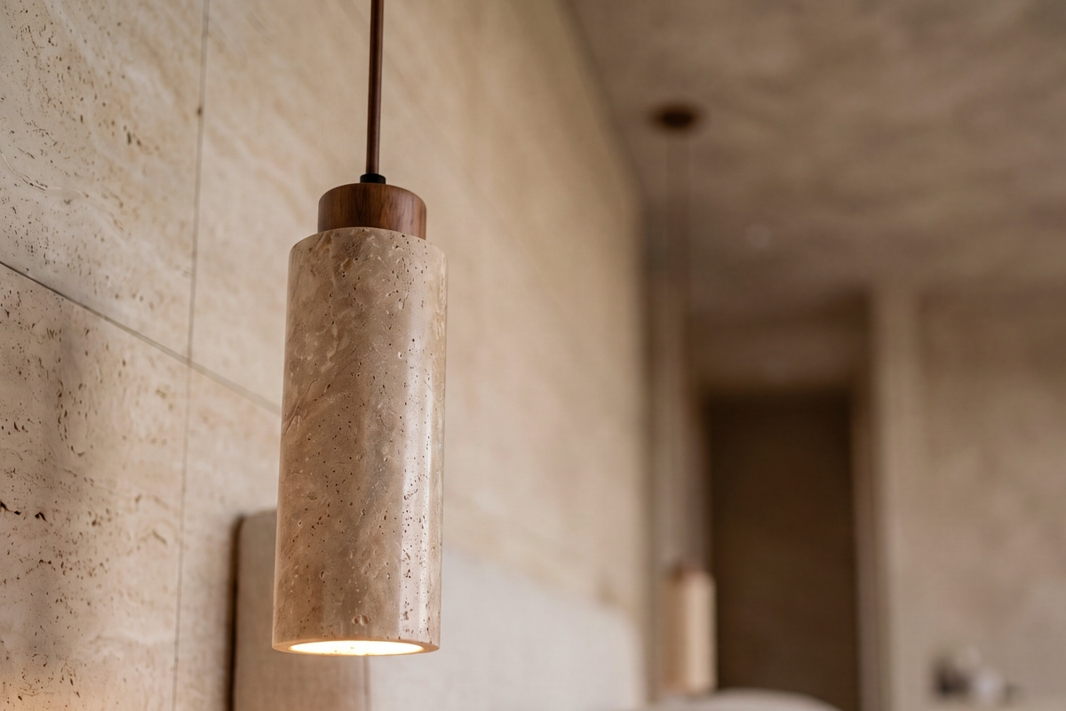 The Pistillo Travertine Pendant Light, lifestyle close-up