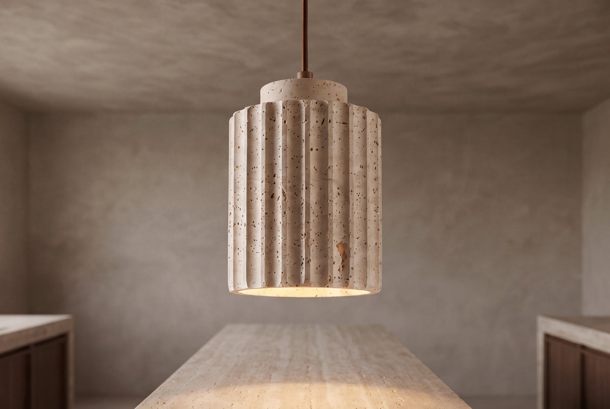 The Plissé Travertine Pendant Light, lifestyle close-up