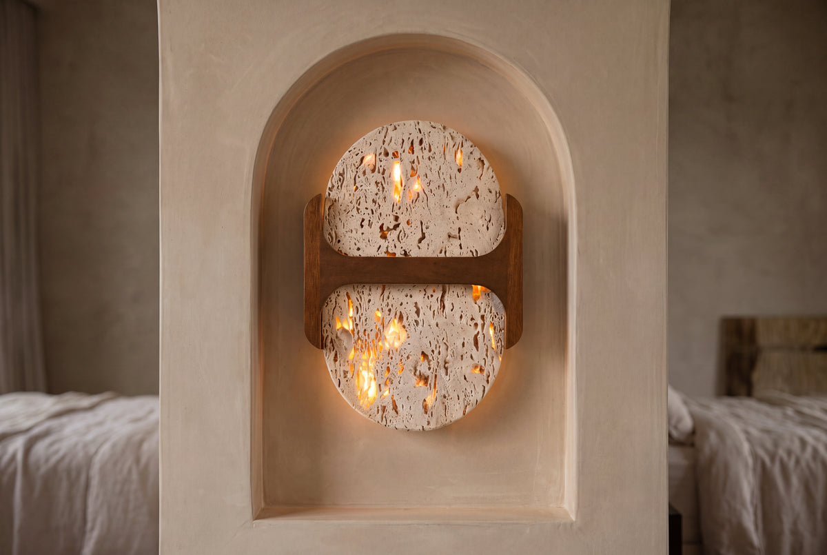 The Ponticello Travertine Wall Light, lifestyle close-up