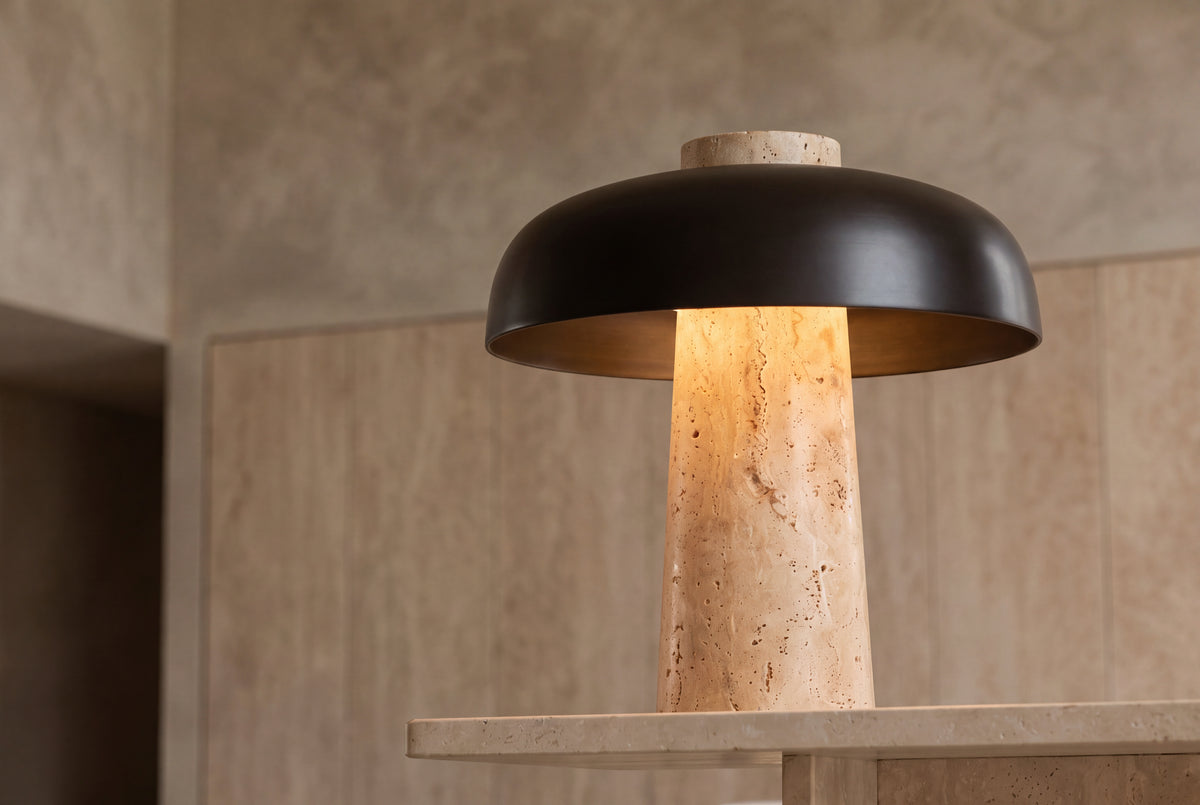 The Porcino Travertine Table Lamp, lifestyle close-up