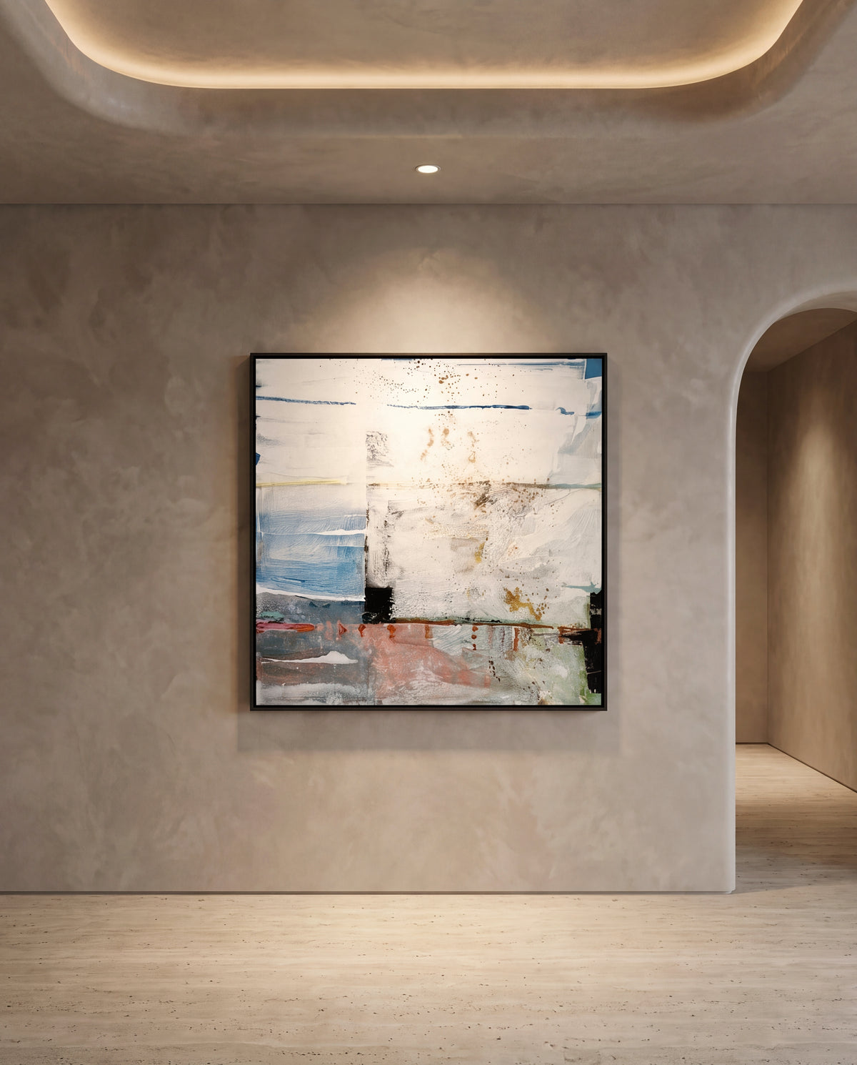 Porta Lenta canvas artwork in a black frame on a plaster wall
