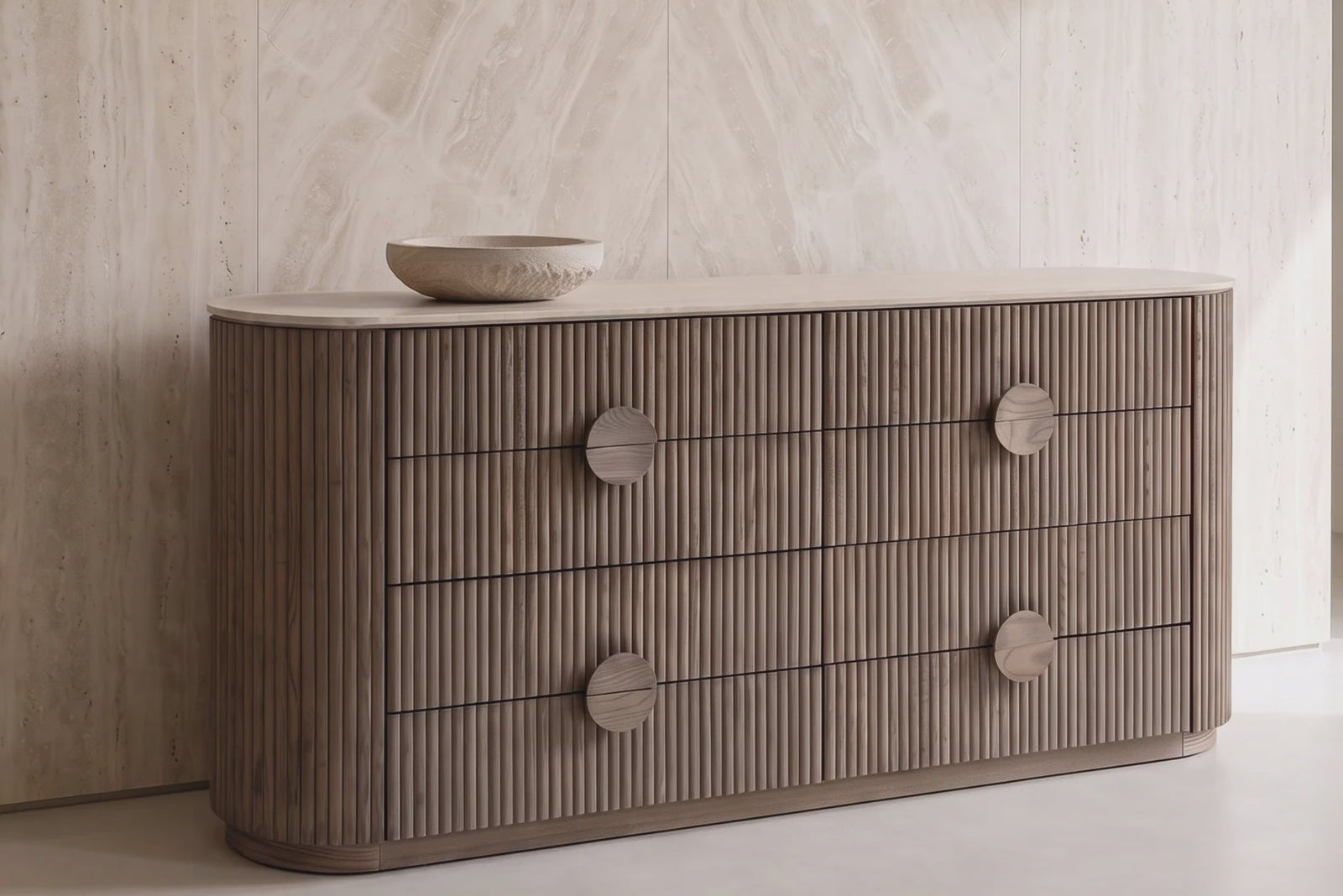 Spello fluted travertine chest of drawers