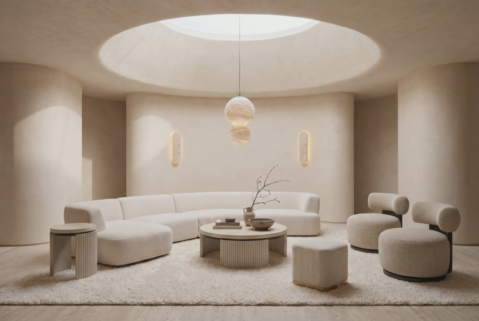 The Cloud Room in slowly changing light: a curved ivory Ravenna sofa, Fiesole tables, the Sabbia pouf and a pair of Cortona Swivel Chairs as daylight softens and the Gemella pendant and Ellisse wall lights glow up