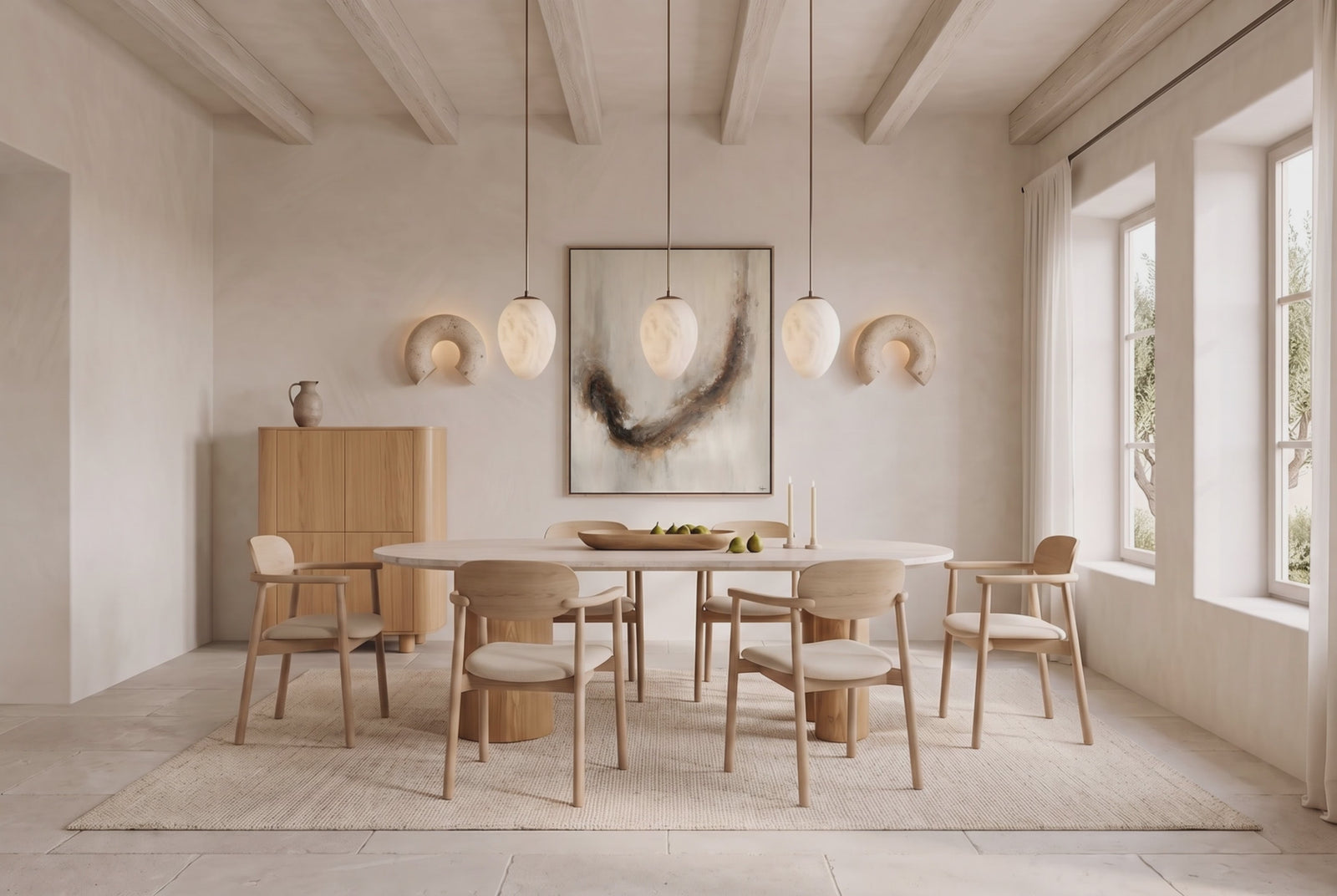 Oak dining chairs around an oval dining table