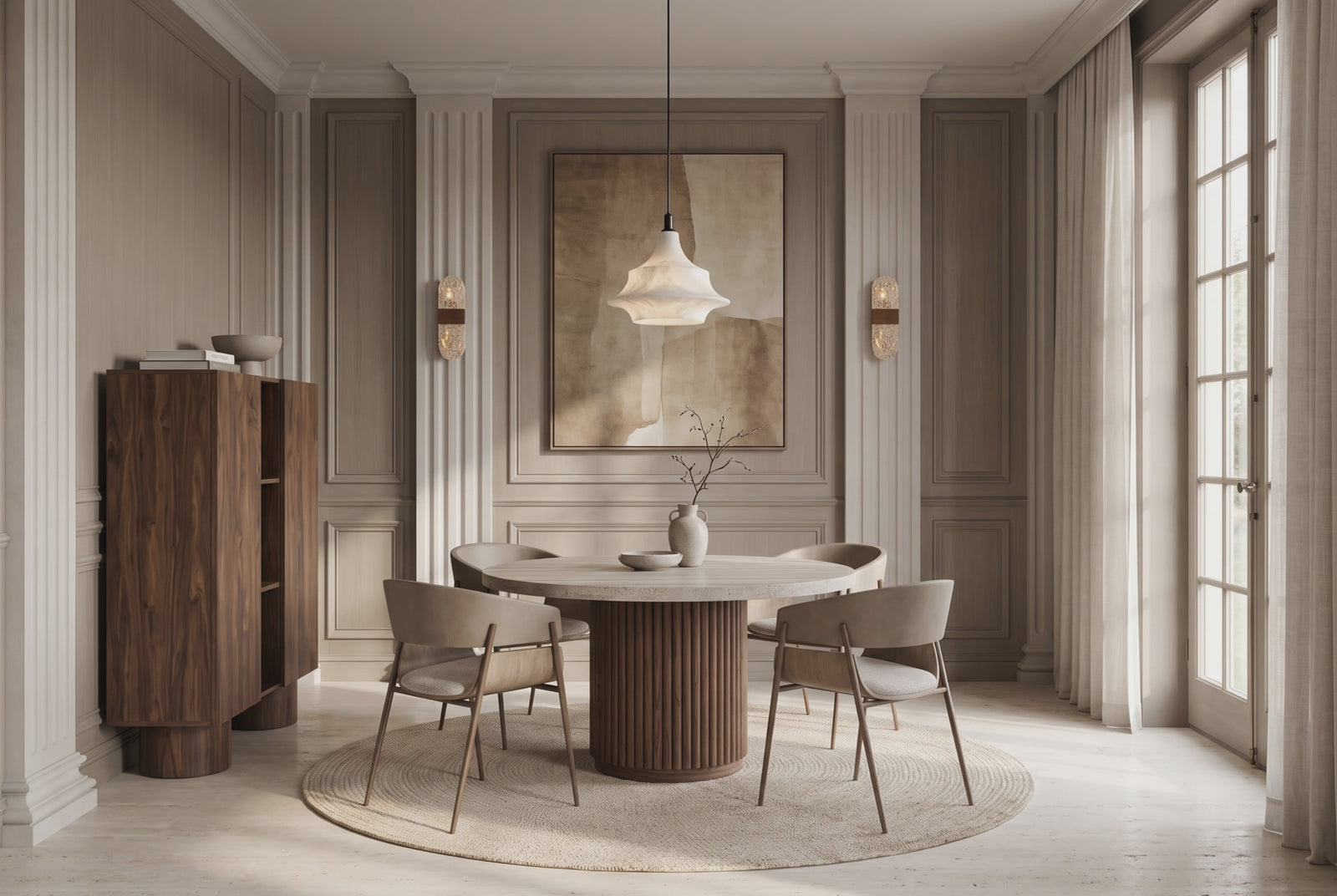 Slow camera move through a panelled dining room with a round fluted walnut table, taupe dining chairs and a walnut cabinet