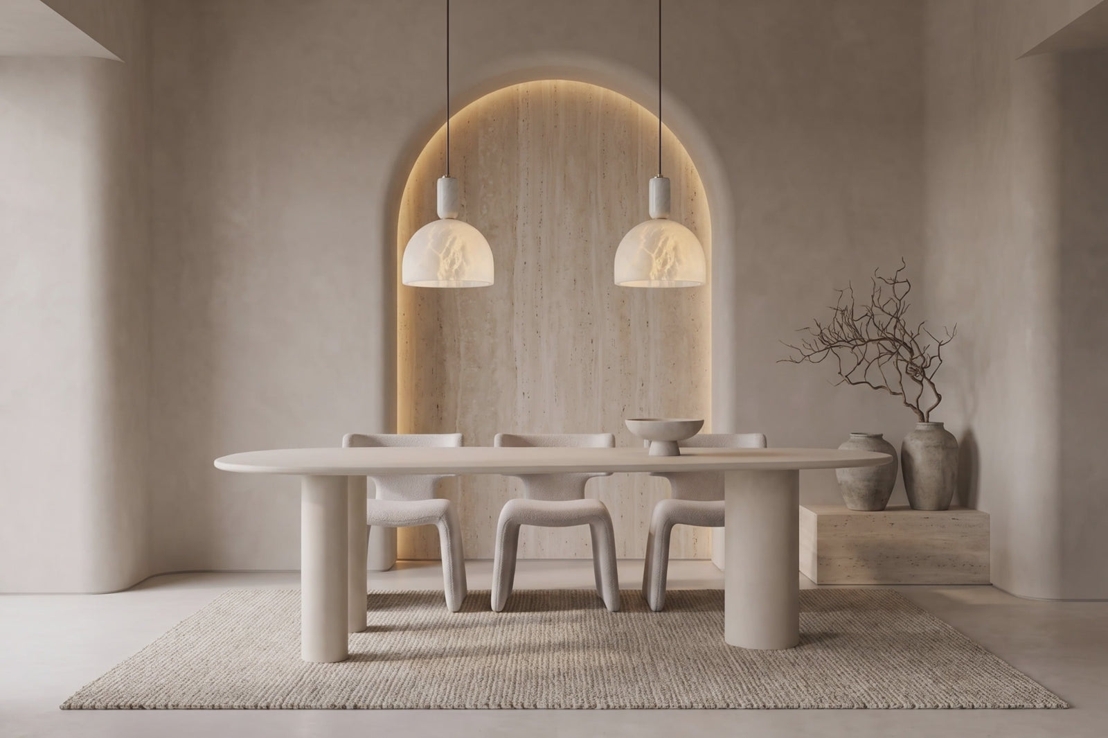 The Marais Edit: oval dining table beneath two alabaster pendants in a travertine arched room