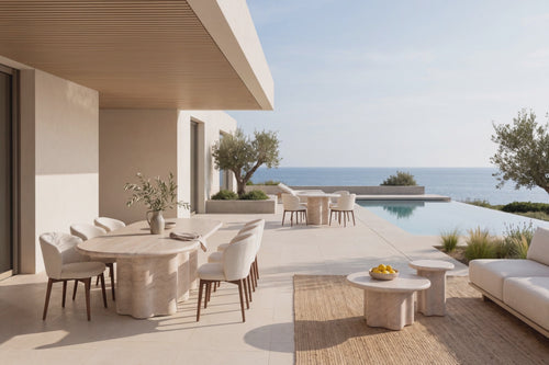 Slow film of travertine tables and boucle chairs on a modern villa terrace above the sea