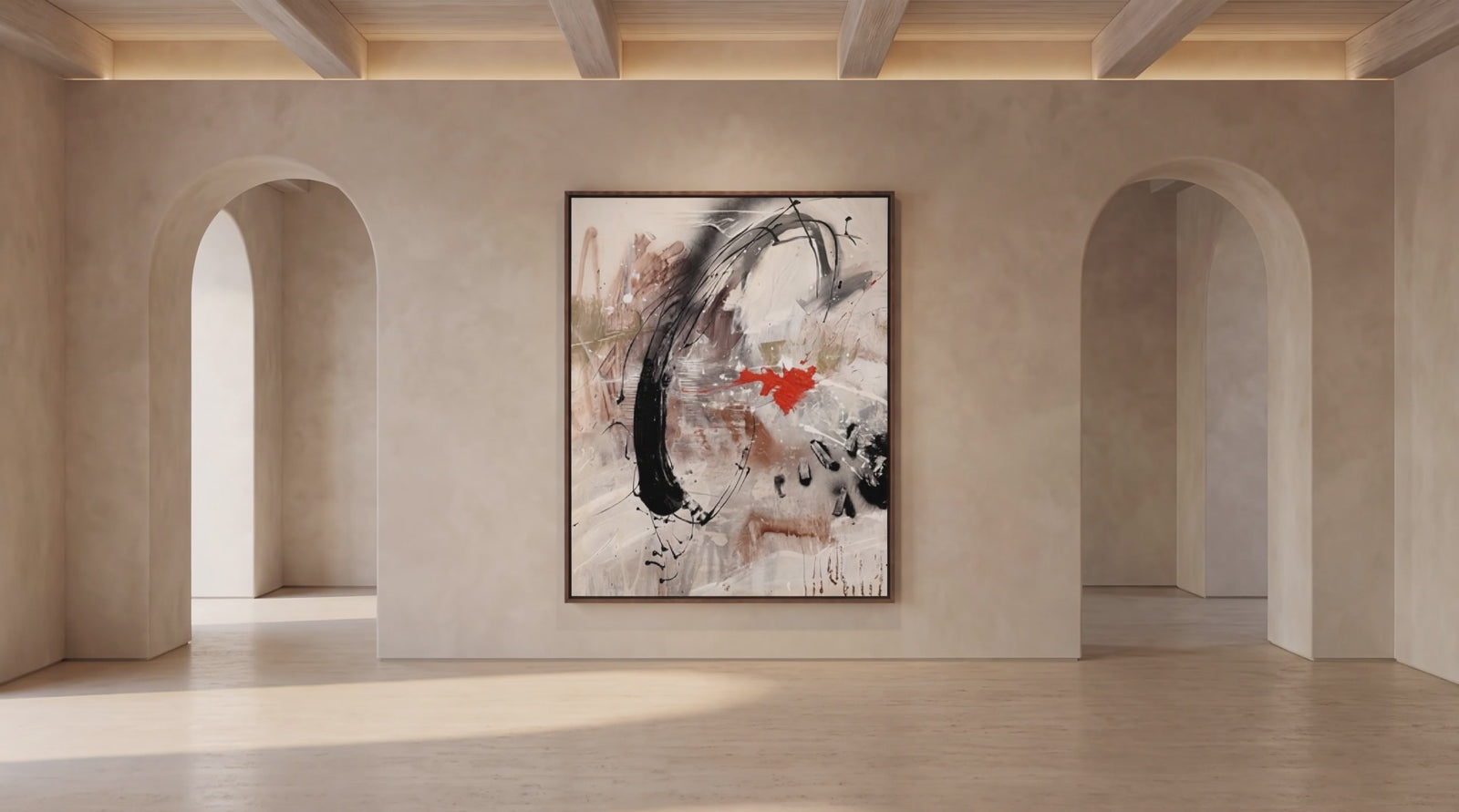 Veltrix canvas artwork in a plaster gallery between two arches