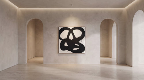 Neroletto canvas artwork in a lit plaster gallery room with arches