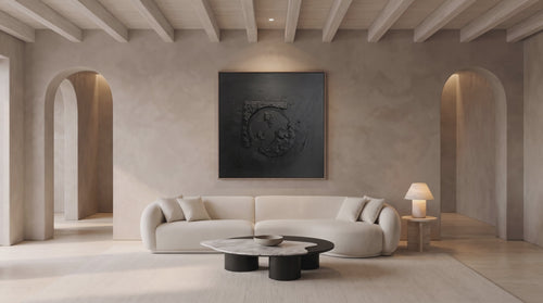 Kunal Trehan Home living room film: gold leaf drawing itself across a framed artwork above an ivory boucle sofa