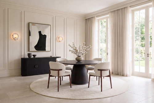 Supper Club dining room styled by Kunal Trehan, sheer curtains moving in the breeze