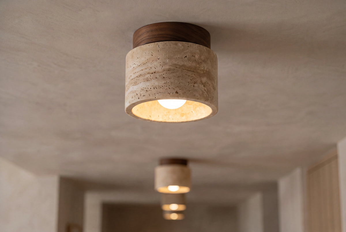 The Punto Travertine Flush Ceiling Light, lifestyle close-up