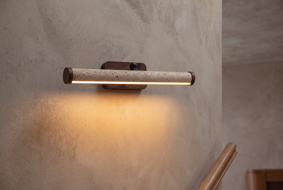 The Quadreria Travertine Wall Light, lifestyle close-up