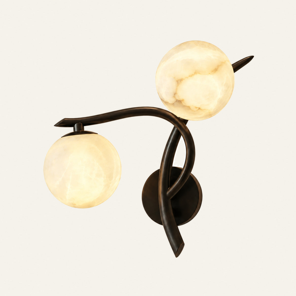The Ramo alabaster wall light with two alabaster spheres on curved arms