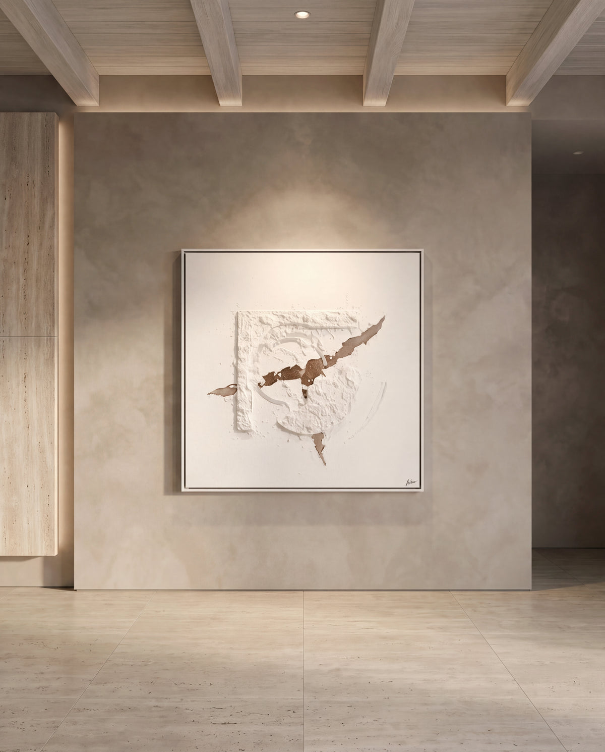 Révélation canvas artwork in a white frame on a plaster wall