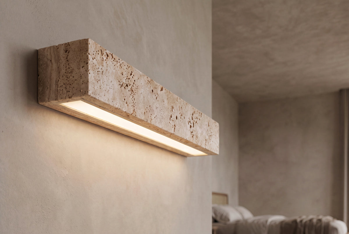 The Riga Travertine Wall Light, lifestyle close-up