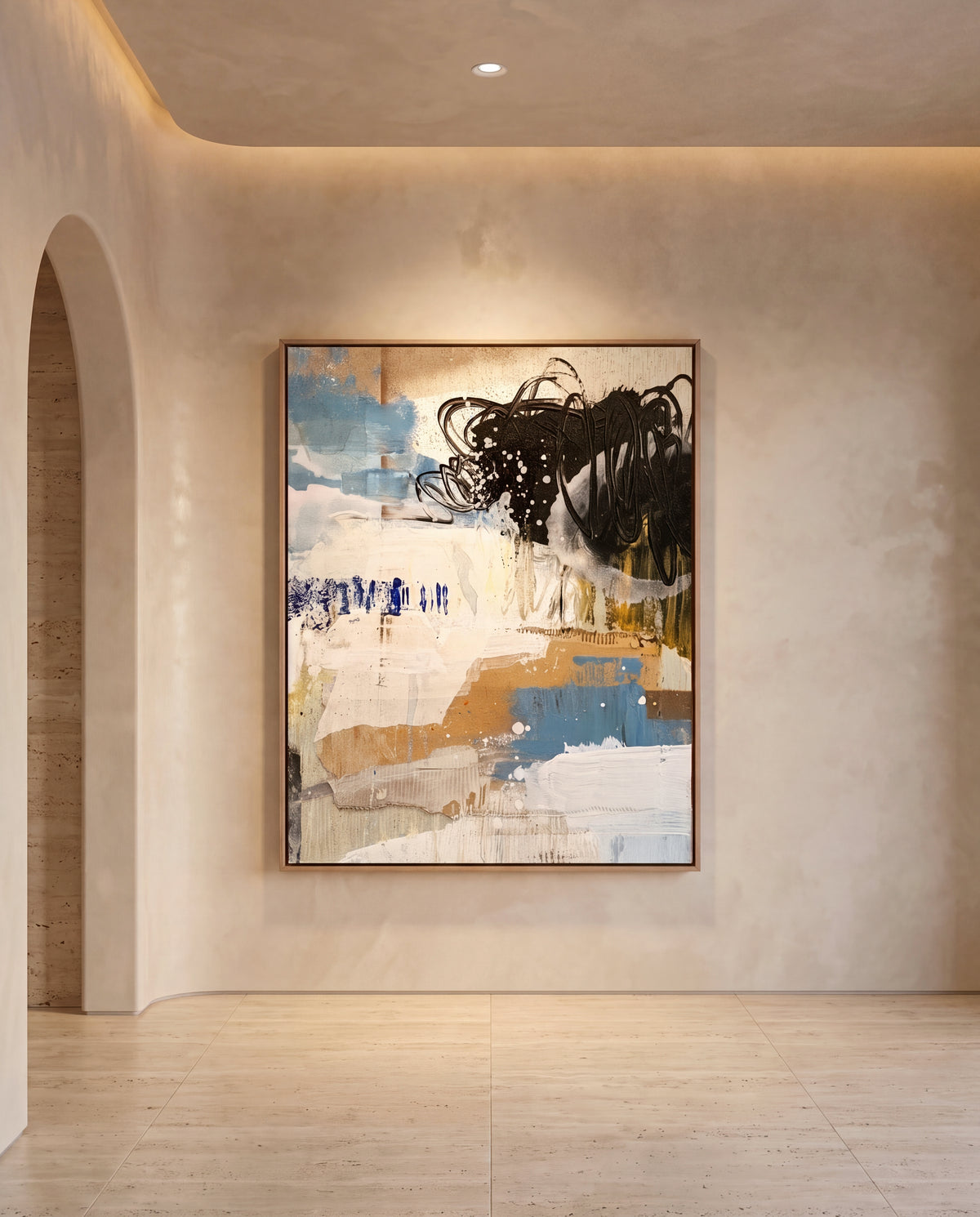 Rivetta canvas artwork in an oak frame on a plaster wall