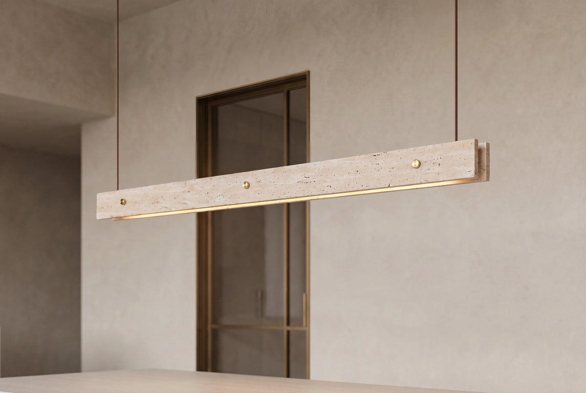 The Rivetto Travertine Linear Pendant Light, lifestyle close-up