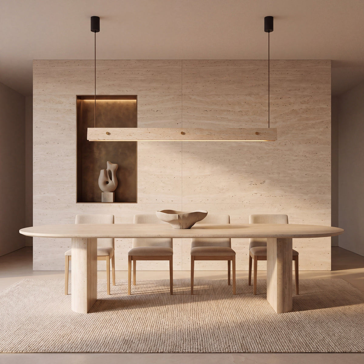 The Rivetto travertine linear pendant light above an oval travertine dining table