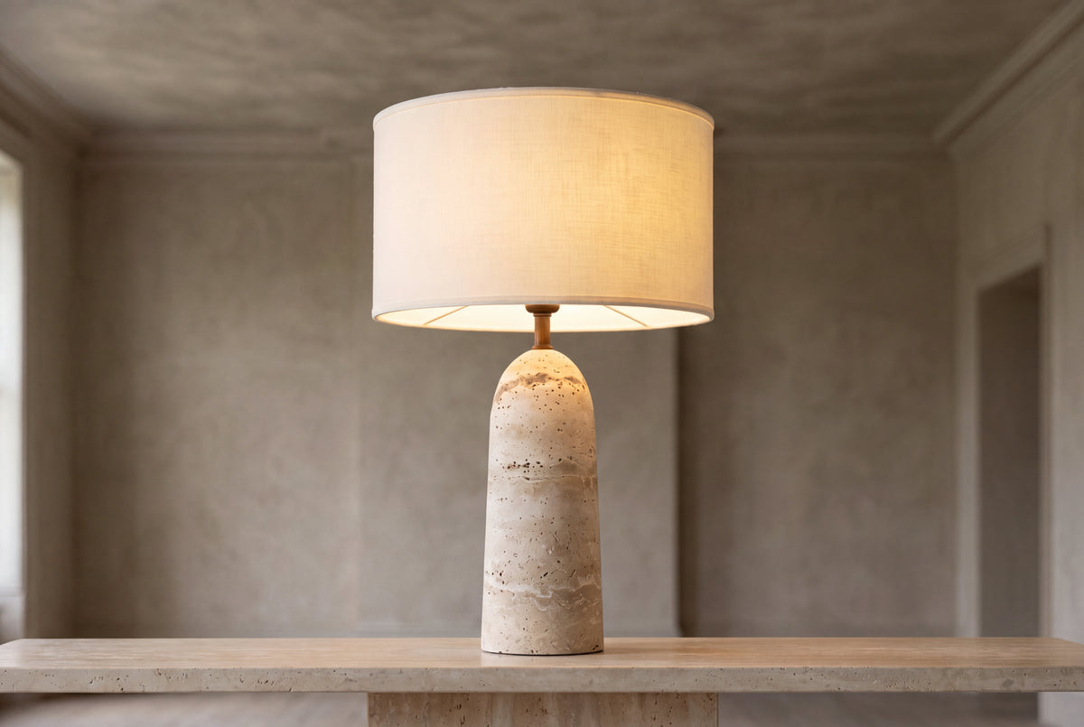The Rocca Travertine Table Lamp, lifestyle close-up