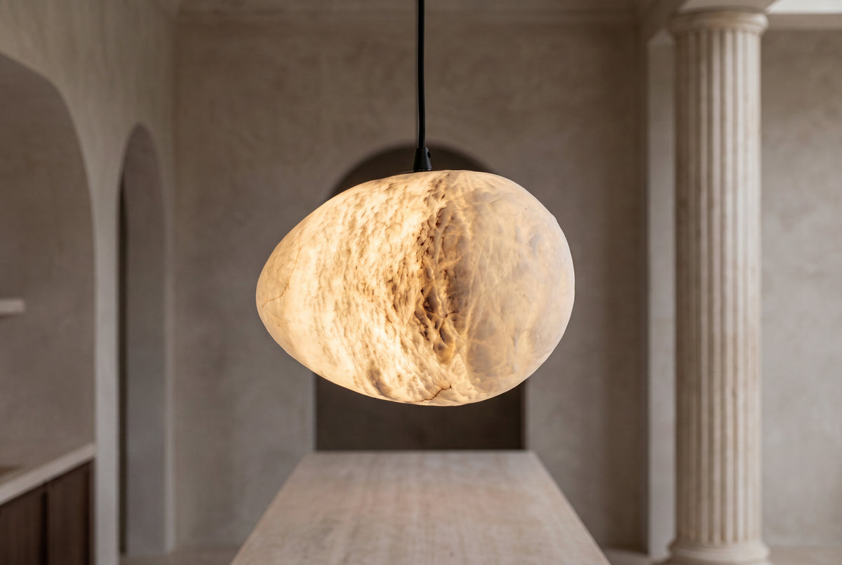 The Roccia Alabaster Pendant Light, lifestyle close-up
